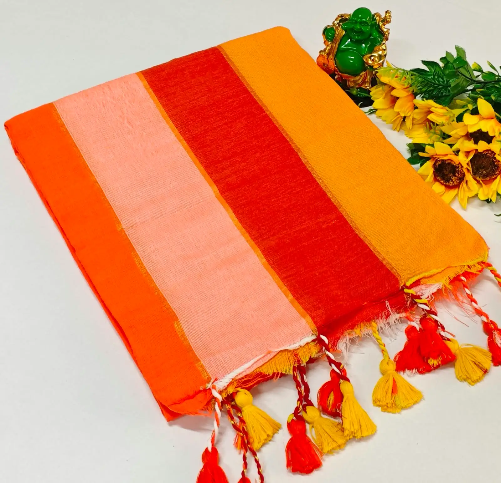 Rainbow Stripe Slub Khadi Cotton Saree